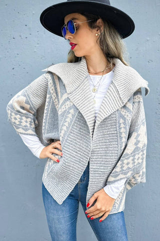 Grey Aztec Pattern Dolman Sleeve Open Front Knit Cardigan