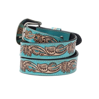 Canyon Shadow Hand-Tooled Leather Women's Belt in Turquoise