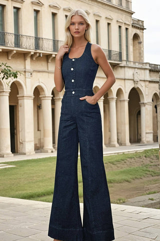 Sleeveless Wide Leg Denim Jumpsuit with Button Detail | Laciann Collective