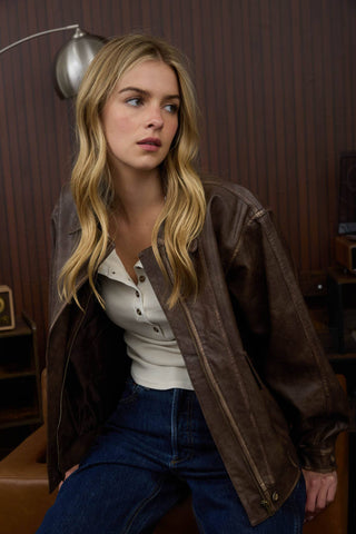 Collared Zip-Up Washed Faux Leather Jacket – Boutique Edge Meets Everyday Cool