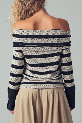 Off-Shoulder Striped Button Cuff Knit Top