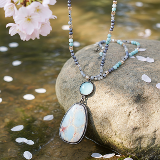 Amazonite & Crystal Long Beaded Necklace w/ Large Jasper Pendant