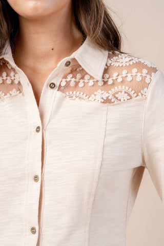 Oatmeal Lace Yoke Button-Down Knit Top