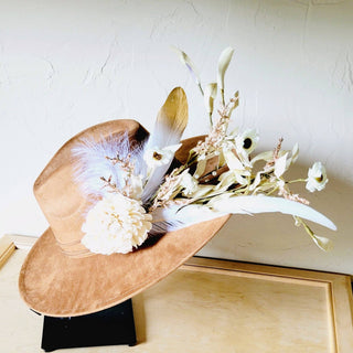 Boho Western Wedding Floral & Feather Bridal Hat in Tan