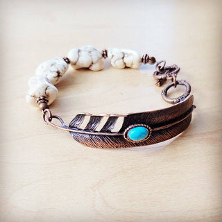 Chunky Turquoise Howlite Beaded Bracelet with Copper Feather