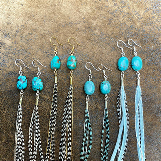 Turquoise & Mini Feather Earrings - Teal Grizzly/Silver