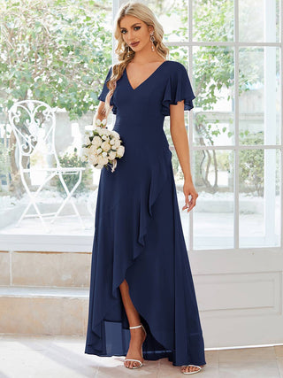 V Neck High Low Ruffles Chiffon Bridesmaid Dress