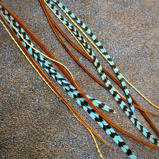 Turquoise & Mini Feather Earrings - Teal Grizzly & Fawn/Gold