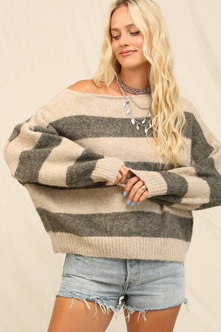 Cast Off The Shoulder Sweater With Stripes | Laciann Collective