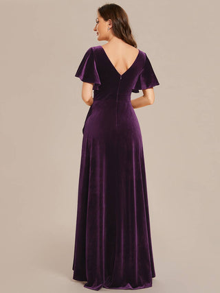 High-low V Neck Velvet evening Evening Dress with Short Sleeves