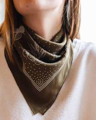Deep Olive Floral Silk Bandana Scarf