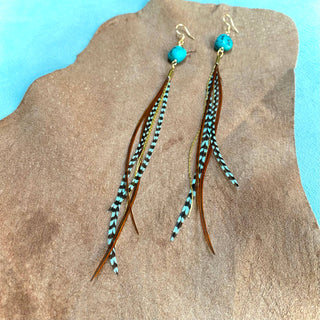 Turquoise & Mini Feather Earrings - Teal Grizzly & Fawn/Gold
