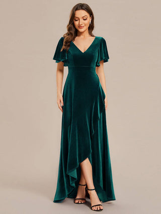 High-low V Neck Velvet evening Evening Dress with Short Sleeves