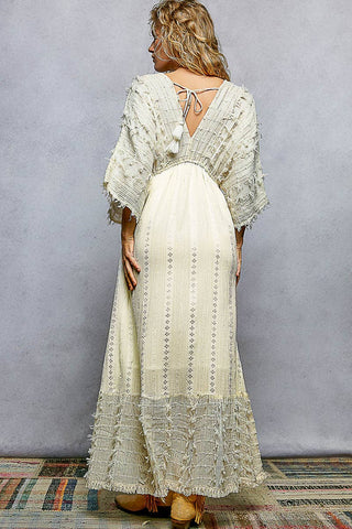 V-Neck Wood Bead Tassel Tie Linen Maxi Dress - Natural