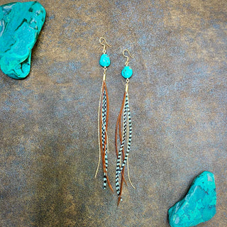 Turquoise & Mini Feather Earrings - Teal Grizzly & Fawn/Gold