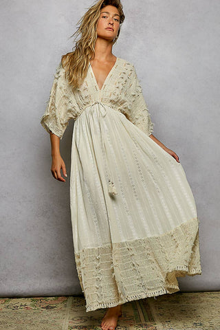 V-Neck Wood Bead Tassel Tie Linen Maxi Dress - Natural