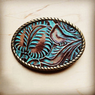 Rope Edge Turquoise Brown Floral Leather Belt Buckle