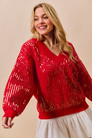 V-Neck Sequin Long Sleeve Sweater – Sparkle in Every Season