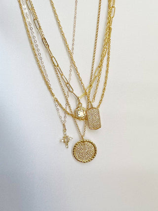 Pave CZ Dog Tag Pendant Necklace Gold Filled