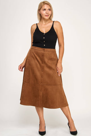 Plus Size Button-Front Faux Suede A-Line Midi Skirt