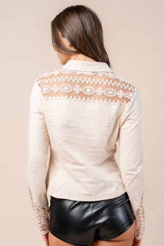 Oatmeal Lace Yoke Button-Down Knit Top