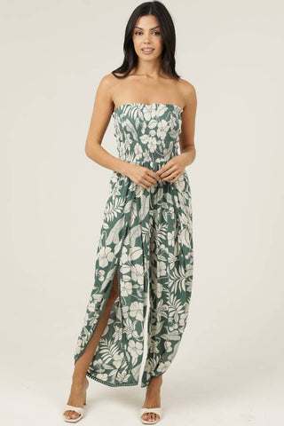 Smocked Bodice Wrap Leg Jumpsuit