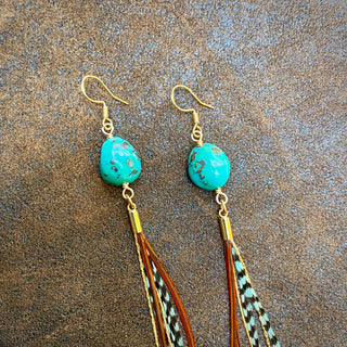 Turquoise & Mini Feather Earrings - Teal Grizzly & Fawn/Gold