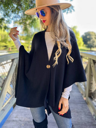 Classic Black Knit Ruana – Ribbed Cape with Button Detail
