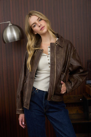 Collared Zip-Up Washed Faux Leather Jacket – Boutique Edge Meets Everyday Cool