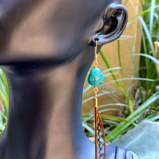 Turquoise & Mini Feather Earrings - Teal Grizzly & Fawn/Gold