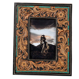 Mesa Plateau Hand-Tooled Leather Turquoise Bead Photo Frame