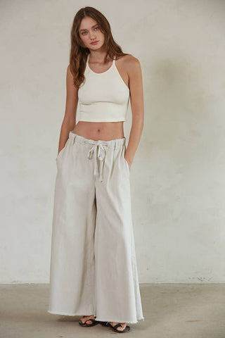 Stone Cotton Denim Wide Leg Pants