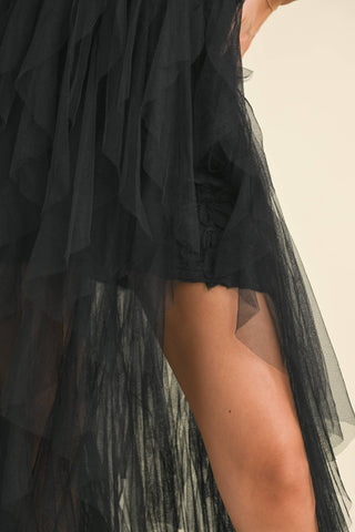 Appliqué Ruffle Tulle Gown – Black Edition