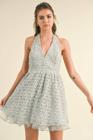 APPLIQUE MESH HALTER A- LINE MINI DRESS