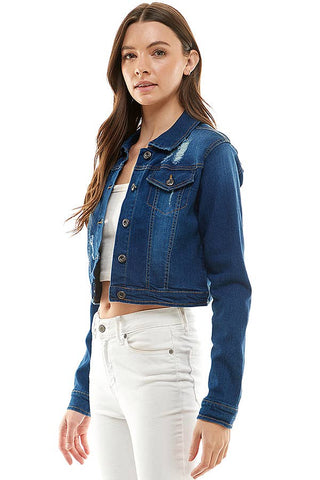 Women's Distressed Denim Jacket - 100% Cotton Classic Blue