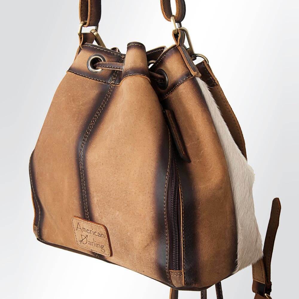 LC-ADBGI125B Bucket Genuine Western Leather Women Bag with leather accents and drawstring closure.