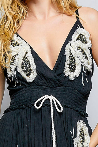 Smocked Waist Embroidered Tassel Ruffle Sleeveless Dress