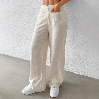 Cream Cotton Linen Straight Leg Pants