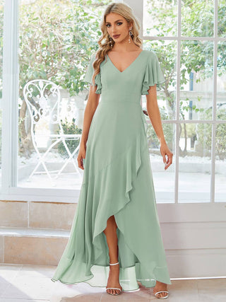 V Neck High Low Ruffles Chiffon Bridesmaid Dress