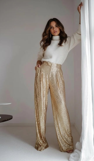 Gold Sequin Wide-Leg Pants – Holiday Glam