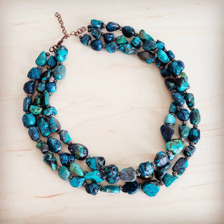 Large Triple Strand Natural Turquoise & Copper Collar Necklace
