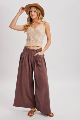 Drawstring Patch Pockets Wide Leg Pants