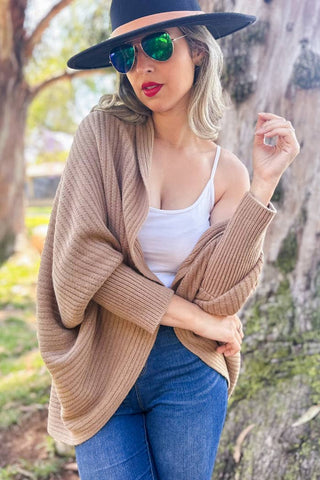 City Chic Taupe Shrug – Soft Ribbed Knit Cardigan