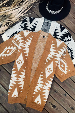 Caramel Open Front Aztec Printed Knitted Cardigan