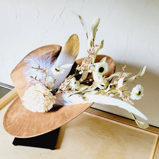 Boho Western Wedding Floral & Feather Bridal Hat in Tan