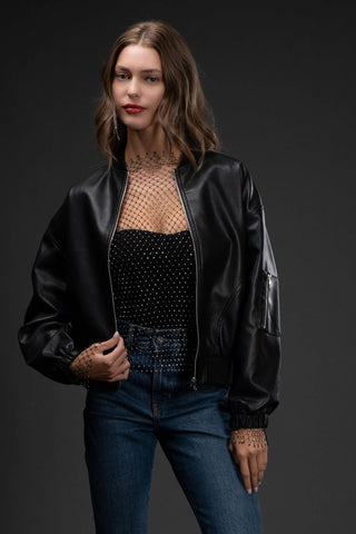 Zip-Up Faux Leather Bomber Jacket – Sleek, Structured & Boutique-Polished
