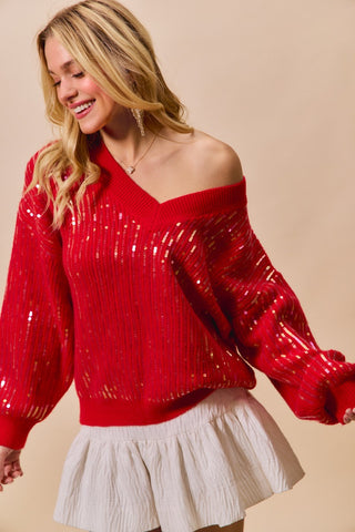 V-Neck Sequin Long Sleeve Sweater – Sparkle in Every Season