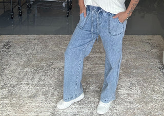 Drawstring Waist Loose Straight Denim