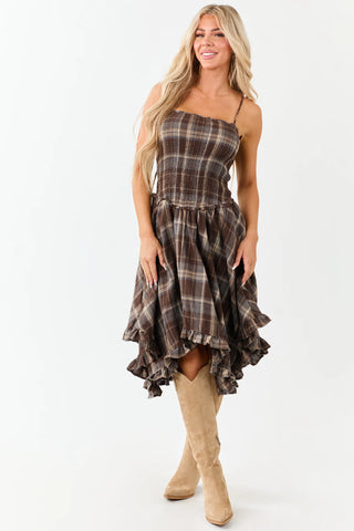 Coco Plaid Handkerchief Hem Sleeveless Midi Dress
