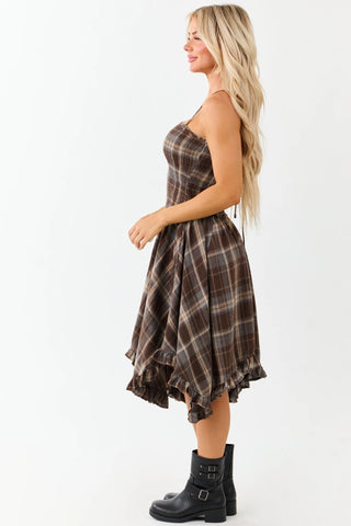 Coco Plaid Handkerchief Hem Sleeveless Midi Dress
